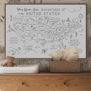 USA Map Wall Art Educational Print Adventure Theme Classroom Decor American Wildlife Custom Name Nursery Teaching Aid Woodland