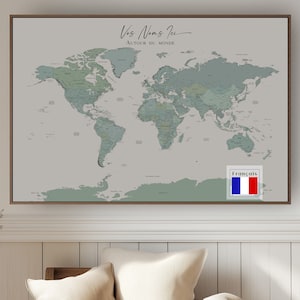 Custom World Map Push Pin Extra Large Detailed Map Blue Teal Turquoise in FRENCH