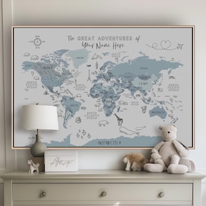 World Map for Kids Wall Art Animals Push Pin Custom Wall Art Extra Large World Map Custom Map Blue Nursery Wall Art Decor