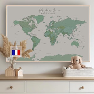 Custom World Map Push Pin Extra Large Detailed Map Green Teal Turquoise in French