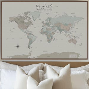 Personalized Push Pin Travel Map Oversize Wall Art World Map Pin Board Wall Art Sage Green Gray Blue National Geographic
