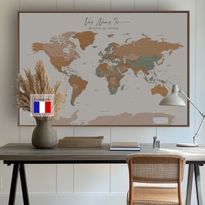 World Map Push Pin Custom Wall Art Extra Large World Map Executive Political Home Office Custom Map Teal Beige Brown in FRENCH