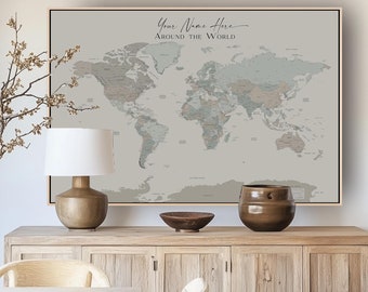 Carte du monde personnalisée punaise extra large détaillée vert sauge gris bleu National Geographic mappemonde