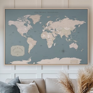 Push Pin Travel Map World Minimalist Blue Beige Wall Art Neutral Muted Totes Husband Gift Idea Anniversary Farewell Boss Retirement Coworker