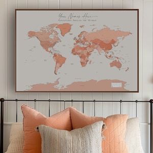 Printable Detailed World Map Peach Coral Pink for Home Office Decor To Color Push Pins