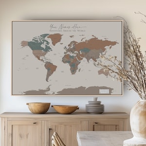 World Map Push Pin Custom Wall Art Extra Large World Map Executive Political Home Office Custom Map Teal Beige Brown, in English and French