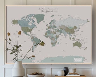World Map Extra Large Push Pin Minimalist Custom Gift Modern Map Print Travel Map Canvas Map Blue Teal Turquoise Sage Green Wall Art
