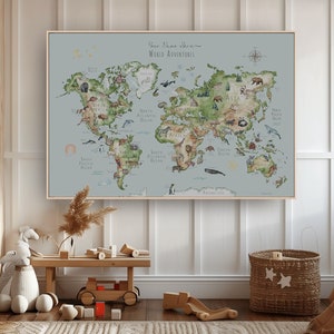 Kid custom gift world map animals push pins extra large XL