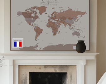 World Map Push Pin Custom Wall Art Extra Large World Map Executive Political Home Office Custom Map Beige Brown in FRENCH