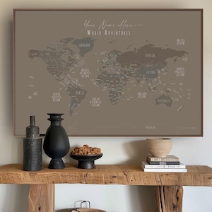 Minimalist World Map Push Pins Hand-Drawn World Map Wall Art Home Office Decor Custom Gift Wall Art Canvas Map Poster Custom Map Beige Sage