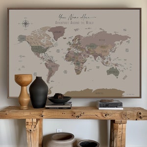 Minimalist World Map Push Pins Hand-Drawn World Map Wall Art Home Office Decor Custom Gift Wall Art Canvas Map Poster Custom Map Beige Rose