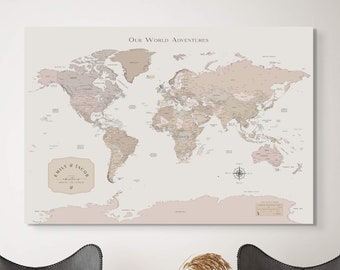 Extra Large World Map Push Pin | Minimalist Custom Gift Modern Map Print | Travel Map | Foam Board Push Pins