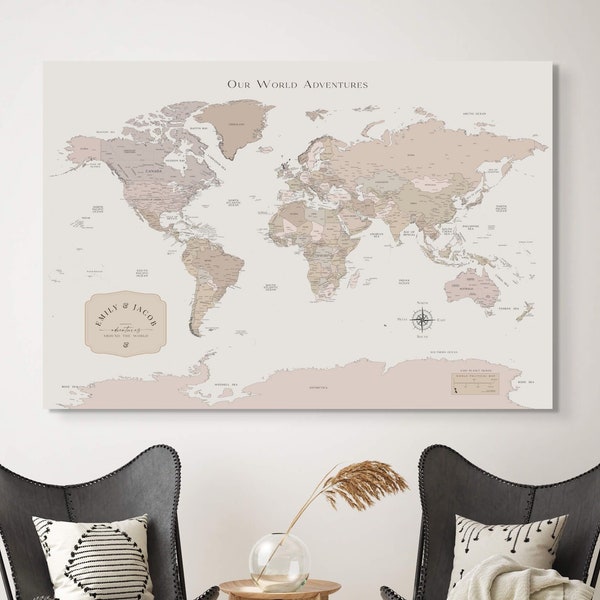 Extra Large World Map Push Pin | Minimalist Custom Gift Modern Map Print | Travel Map | Foam Board Push Pins