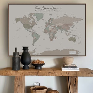 Custom World Map Push Pins World Map Canvas Custom Map Print Art Wall Framed Large Beige Neutral