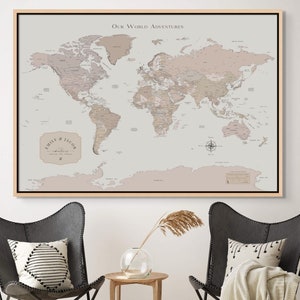 Extra Large World Map Push Pin | Minimalist Custom Gift Modern Map Print | Travel Map | Canvas Map