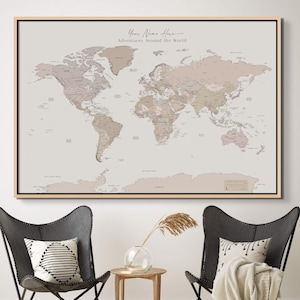 Weltkarte, extra große Pinnwand, Weltkarte mit Stecknadeln, Weltkarte, Wandkunst, Reisekarte der Welt, minimalistische Reisekarte, Leinwand, gerahmt