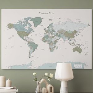 Printable World Map Coloring Page Travel Tracker Wall Art Digital Download Detailed Map Sage Green Office Decor Educational Geography Print