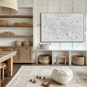 Mapa del mundo grande para pared con chincheta ~ Personalizado ~ Mapa del mundo para niños ~ Impresión de mapa moderno ~ Mapa de viaje ~ Arte de pared minimalista ~ INGLÉS