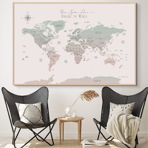 Custom World Map Personalized Gift Hand-Drawn Bobo Sage Blush