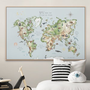 Kid custom gift world map animals push pins extra large XL (in French)