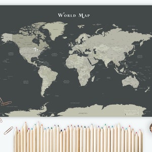 Printable world map for kids to color sage green large wall art