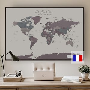 World Map Wall Art Custom Push Pin Modern Travel Detailed Map Extra Large Purple Lavender in FRENCH