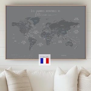 Minimalist World Map Push Pins Hand-Drawn World Map Wall Art Home Office Decor Custom Gift Wall Art Canvas Map Poster Gray Grey Beige FRENCH