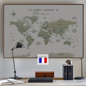 Minimalist World Map Push Pins Hand-Drawn World Map Wall Art Home Office Decor Custom Gift Wall Art Canvas Map Poster Sage Green FRENCH