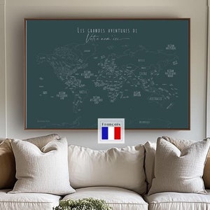 Minimalist World Map Push Pins Hand-Drawn World Map Wall Art Home Office Decor Custom Gift Wall Art Canvas Map Poster Emerald Green FRENCH