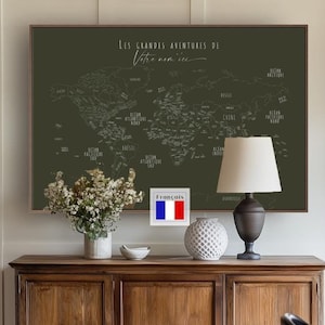 Minimalist World Map Push Pins Hand-Drawn World Map Wall Art Home Office Decor Custom Gift Wall Art Canvas Map Poster Sage Green FRENCH