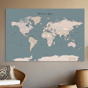 Printable Detailed World Map Beige Gray Dream Destination Map Neutral Tone Large Wall Map Scandinavian Home Decor Study Room Educational Art