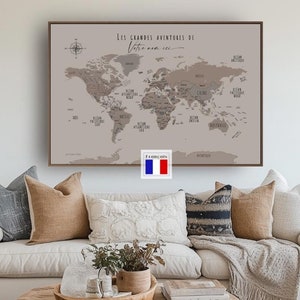 Mapa mundi minimalista, alfinetes de pressão, mapa mundi desenhado à mão, arte de parede, decoração de escritório doméstico, presente personalizado, arte de parede, mapa de tela, pôster personalizado, bege francês