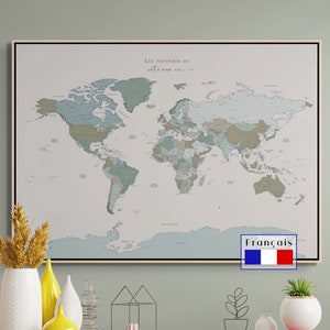 Extra Large World Map Push Pin | Minimalist Custom Gift Modern Map Print | Travel Map | Canvas Map | In FRENCH