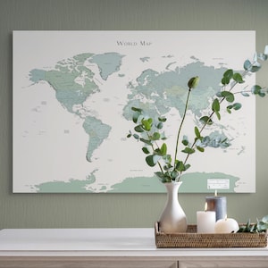 Mappa del mondo dettagliata stampabile personalizzata, turchese, verde salvia, per la decorazione di casa, ufficio, camera da letto, mappa, puntine da disegno, arte murale, soggiorno, puntine da disegno