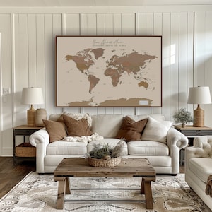 Custom World Map Push Pin Extra Large Detailed Map Beige Brown Taupe, in English and French