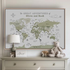 Push Pin Kid World Map Wall Art Travel Children Map Print Nursery Boy Bedroom Gender Neutral Wall Map Canvas Minimalist Sage Green
