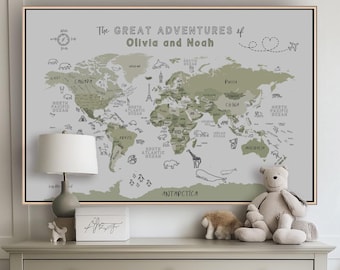 Push Pin Kid World Map Wall Art Travel Children Map Print Nursery Boy Bedroom Gender Neutral Wall Map Canvas Minimalist Sage Green
