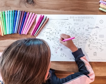 Printable World Map Coloring Page World Map for Kid Animal Coloring World Map Digital Download Montessori World Map Colouring
