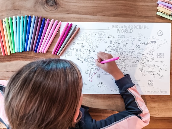 World Map Printable Coloring Page for Children Learning Activity Montessori Geography Educational Resource Classroom Teaching Tool