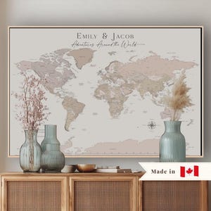 Extra Large World Map Push Pin Minimalist Custom Retirement Gift Modern Map Print Poster Travel Canvas Map Anniversary 24x36" Made in Canada