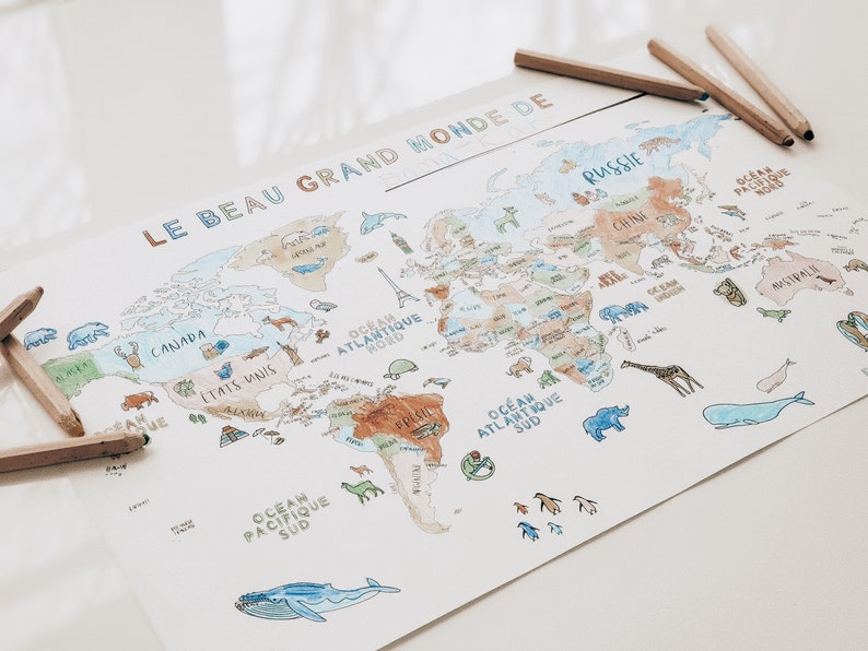 Carte du monde en français pour enfant à colorier mappemonde imprimable image 6