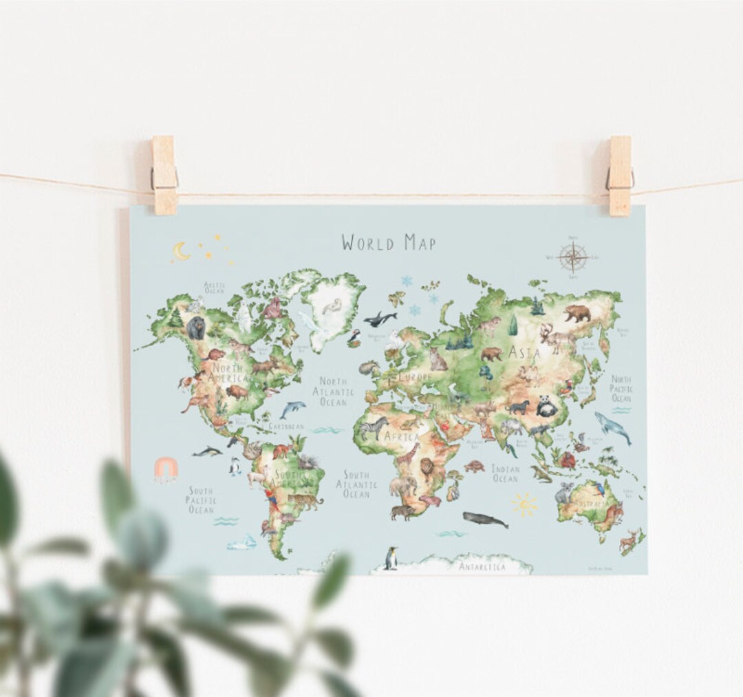 Printable World Map for Kids With Animals Watercolor (in English, Not ...