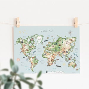 Druckbare Weltkarte für Kinder mit Tieren in Aquarell (auf Englisch, nicht personalisiert)