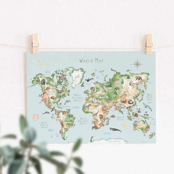 Printable world map for kids with animals watercolor (in English, not personalized)