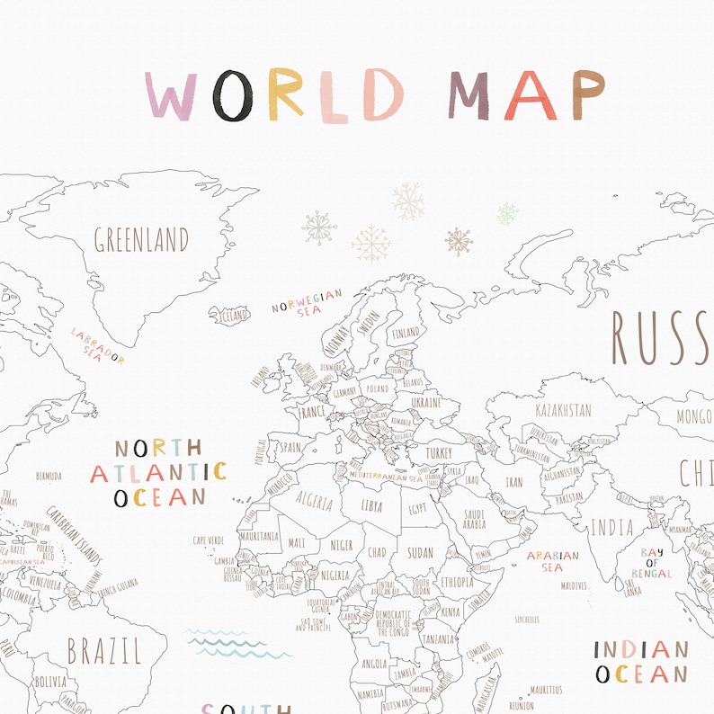 Printable World Map for Kids With Animals to Color Etsy