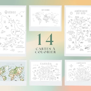 Könnte beinhalten: Ein Set mit 14 Schwarzweiß-Malvorlagen mit Karten verschiedener Regionen der Welt, darunter Quebec, Kanada, Südamerika und die Welt. Der Titel "14 Cartes à Colorier" ist unten auf der Seite in Schwarz gedruckt.