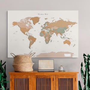Printable Detailed World Map Orange Beige Teal for Bedroom Home Office Decor Map Push Pin Wall Art Living Room Wall Art To Color Push Pins