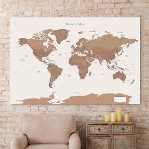 Printable Detailed World Map Brown Beige Taupe for Home Office Decor Bedroom Map Push Pin Wall Art Living Room Wall Art To Color Push Pins