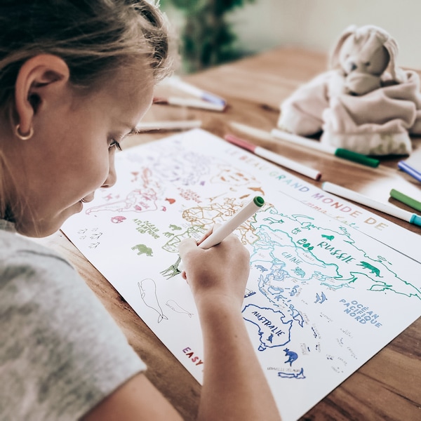 Carte du monde en français pour enfant à colorier mappemonde imprimable