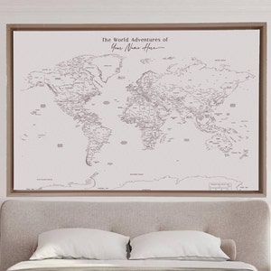 Extra Large World Map Push Pin | Minimalist Personalized Modern Map Print | Travel Map Single Panel Canvas